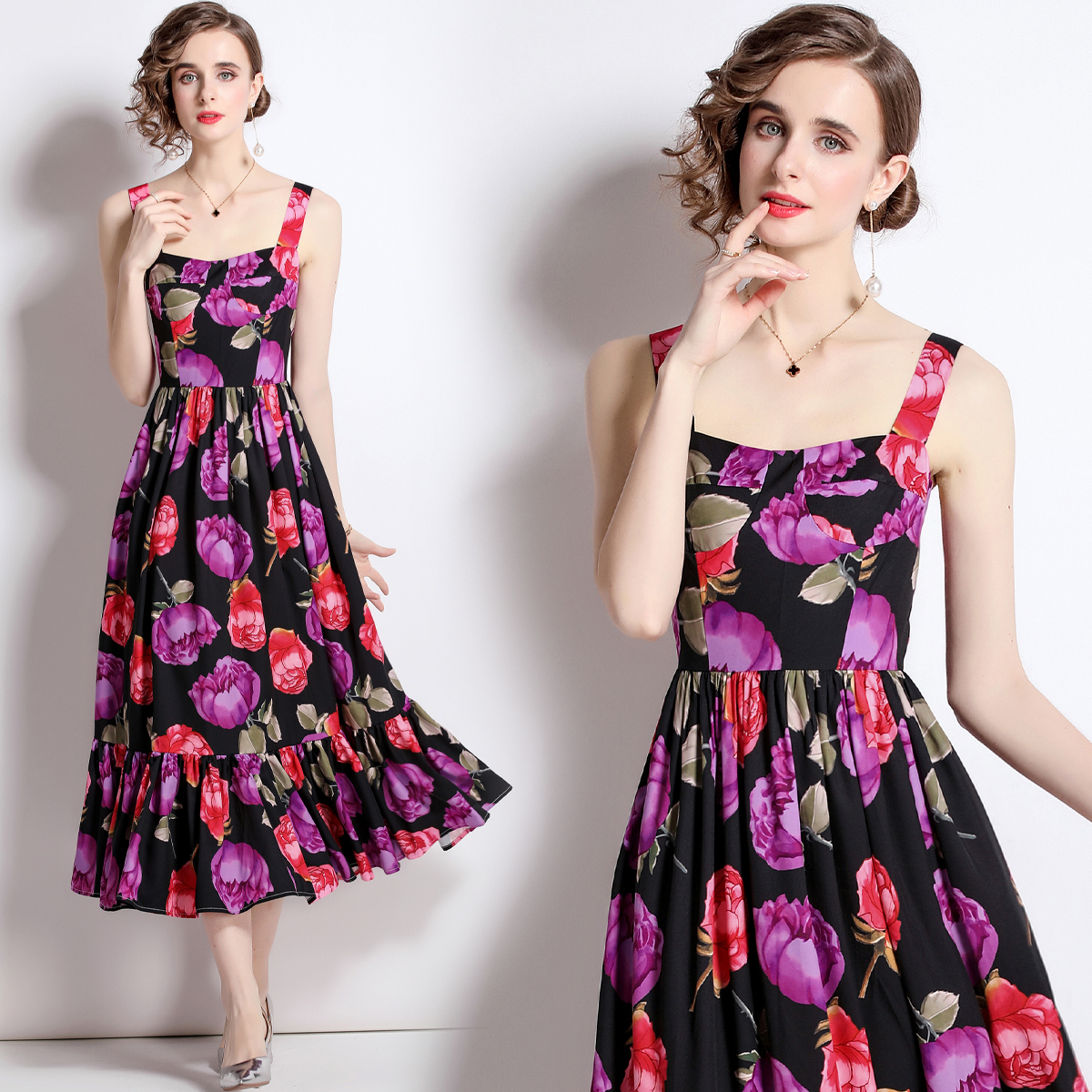 Printing sling dress slim catwalk long dress for women