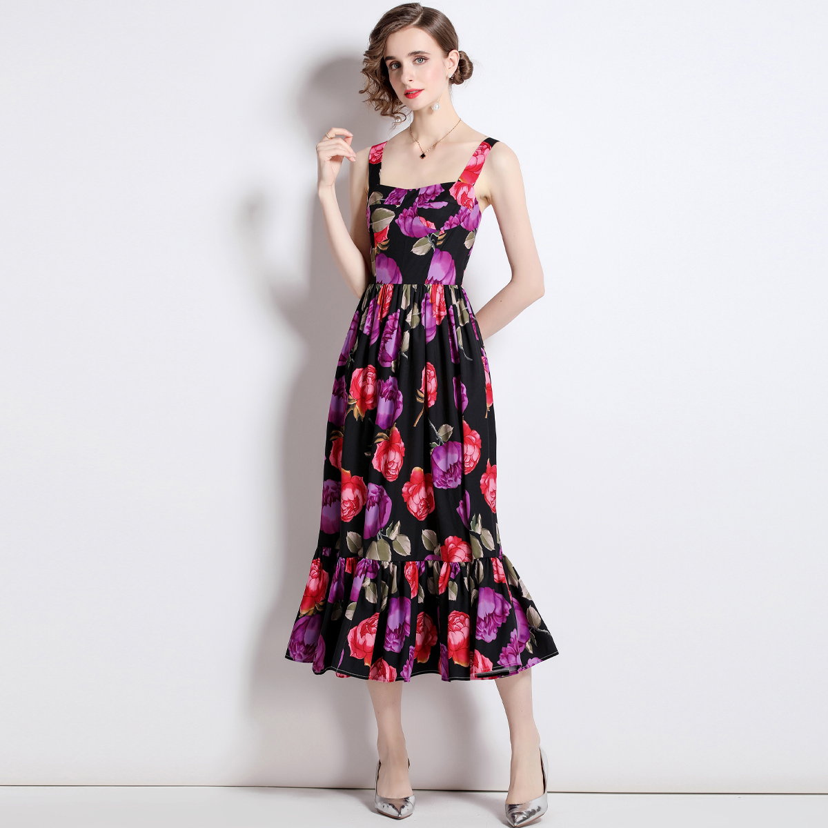 Printing sling dress slim catwalk long dress for women