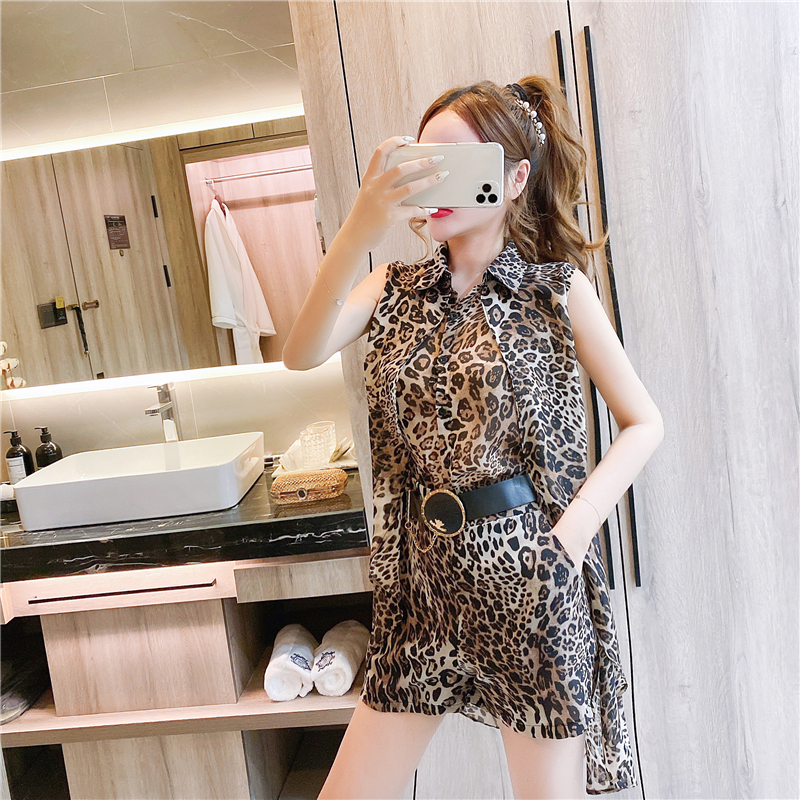Fashion leopard slim shorts summer elegant tops a set