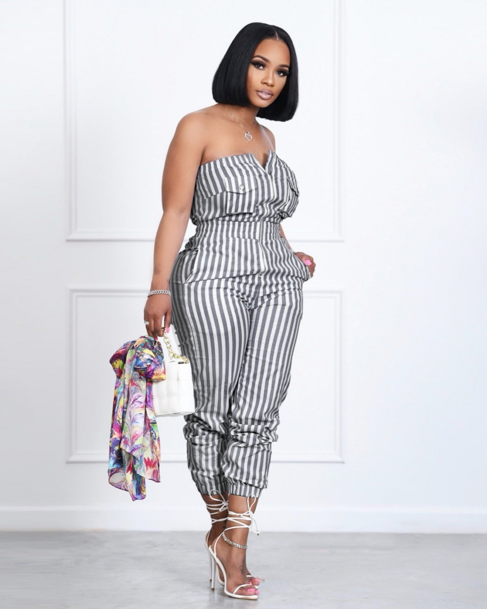 Stripe wrapped chest European style jumpsuit