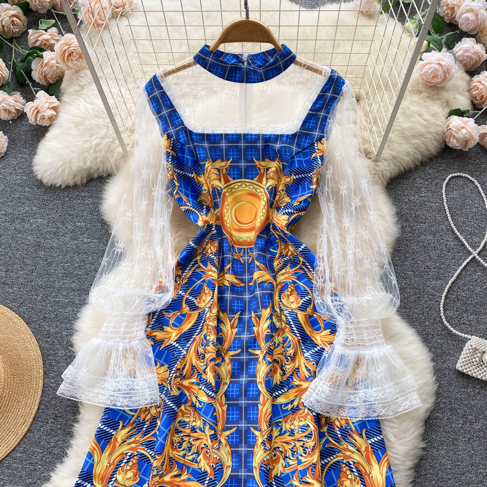 Printing retro European style dress for women