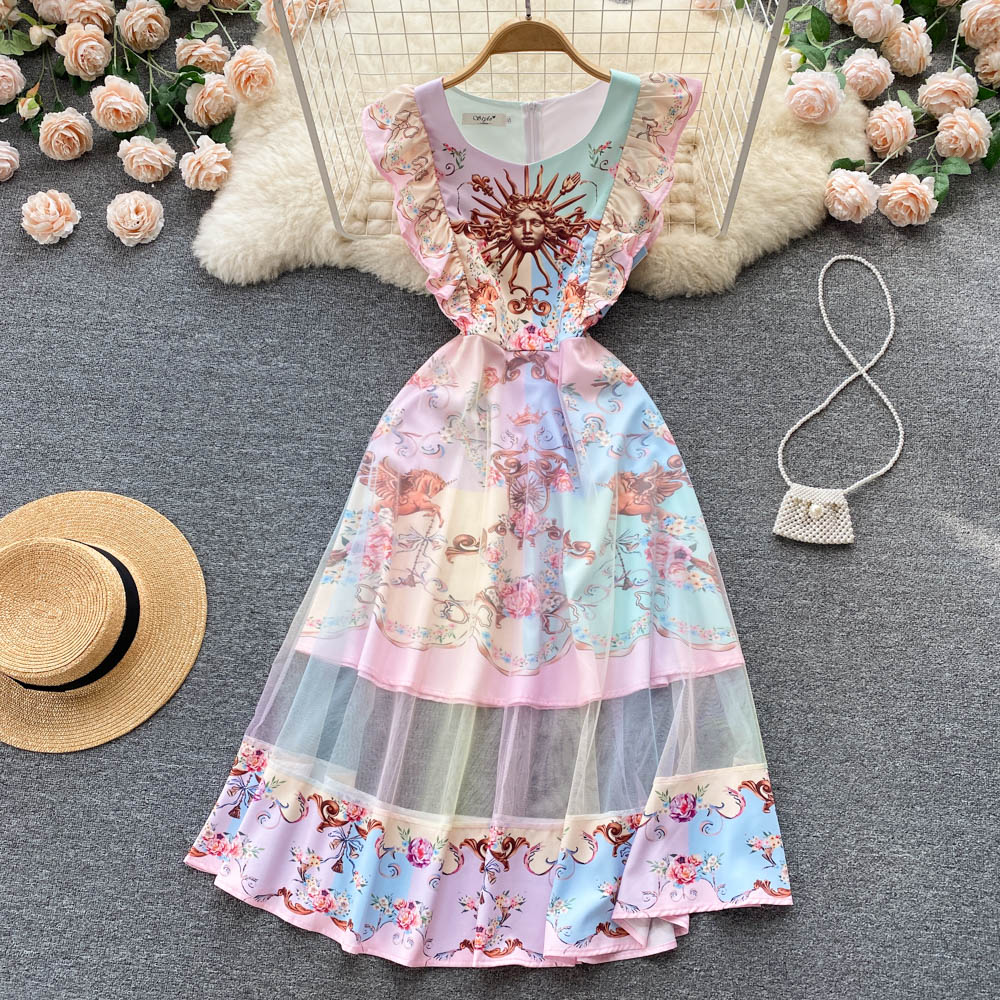 Long summer splice formal dress gauze slim printing dress