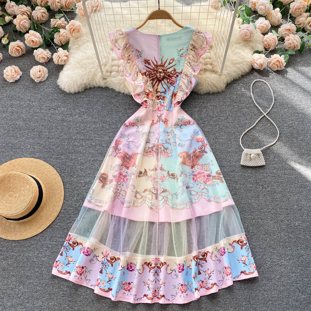 Long summer splice formal dress gauze slim printing dress