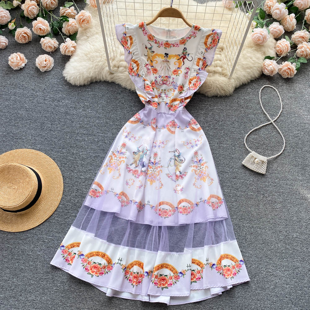 Long summer splice formal dress gauze slim printing dress