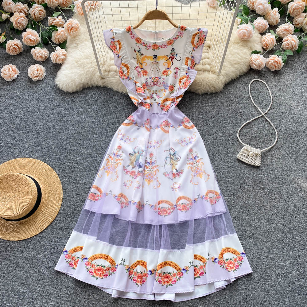 Long summer splice formal dress gauze slim printing dress