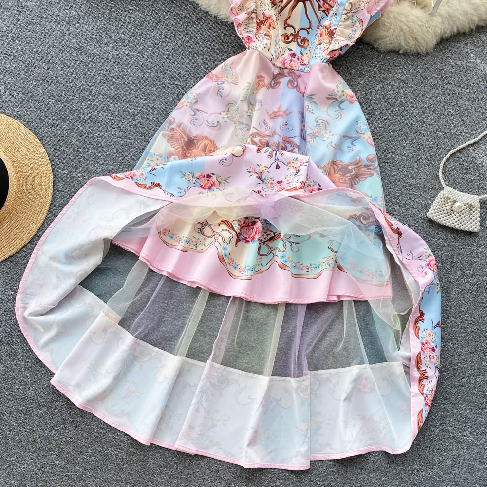 Long summer splice formal dress gauze slim printing dress