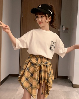 Plaid Korean style child summer short sleeve skirt 2pcs set