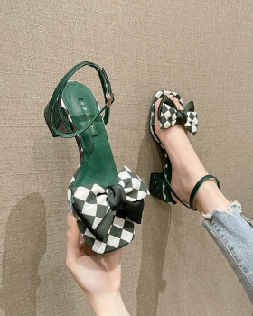 Square head summer plaid shoes thick bow sandals