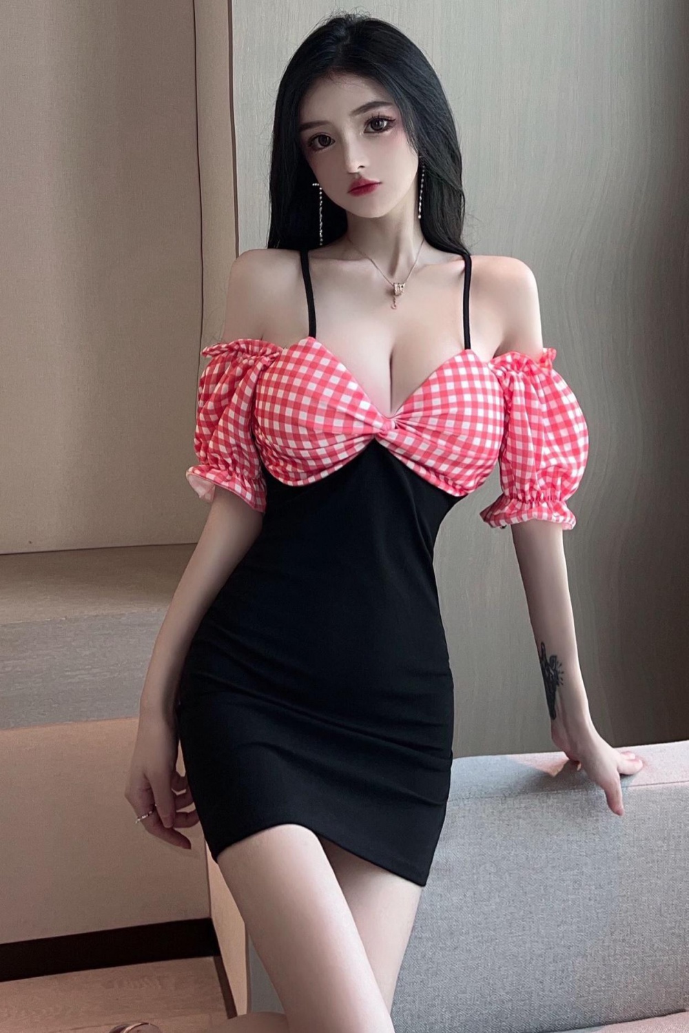 Strapless plaid package hip sexy splice dress