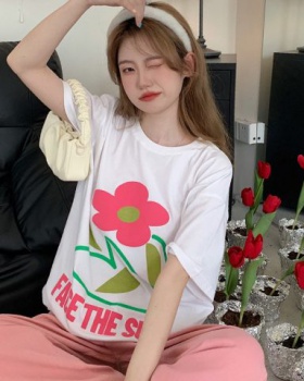 Flowers summer T-shirt printing round neck tops for women
