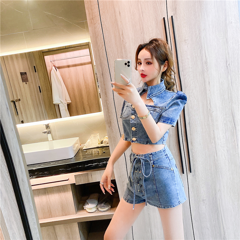 Denim single-breasted tops hollow shorts a set