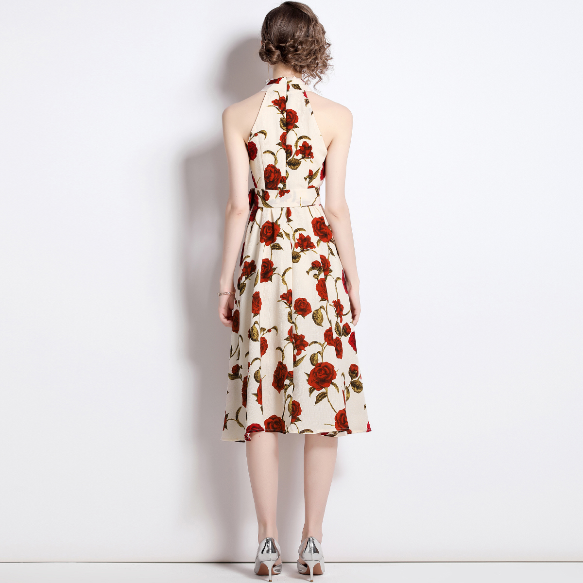 High waist sling printing halter slim summer dress