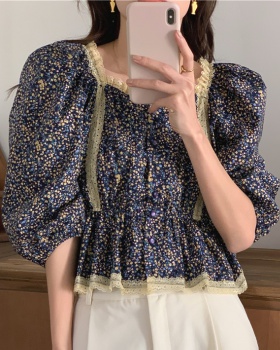 Puff sleeve lace floral splice Korean style shirt