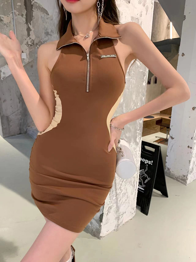 Short sleeve summer sexy dress lapel zip T-back for women