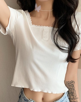 Retro lace square collar T-shirt short summer all-match tops