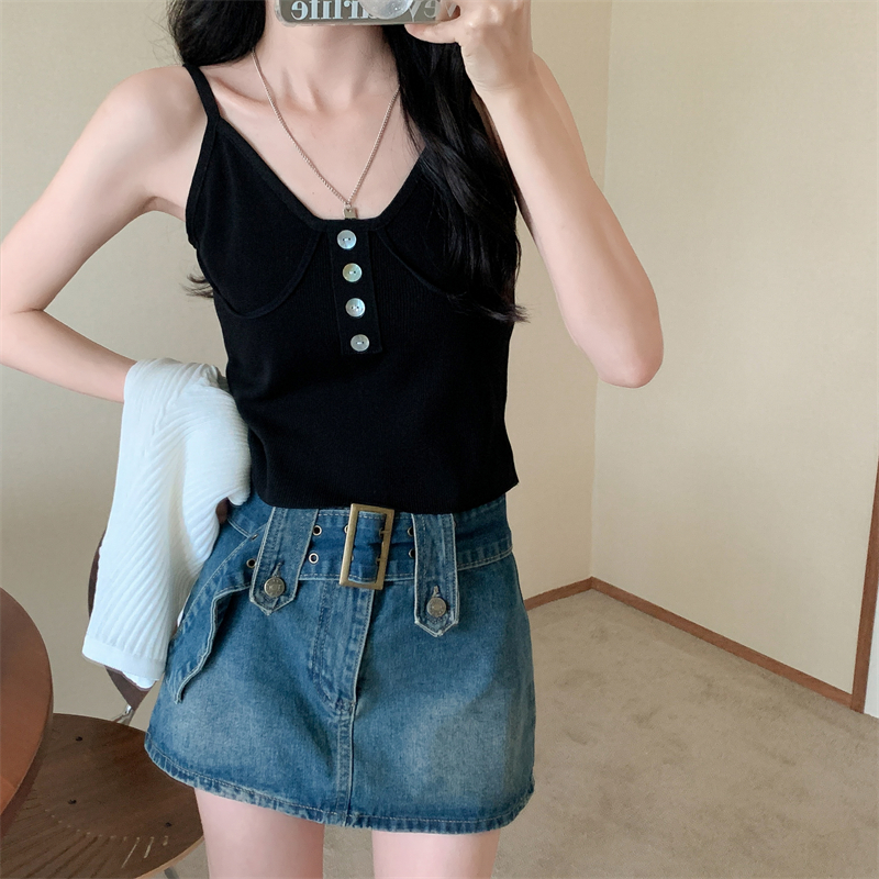 Knitted V-neck tops buckle sling vest