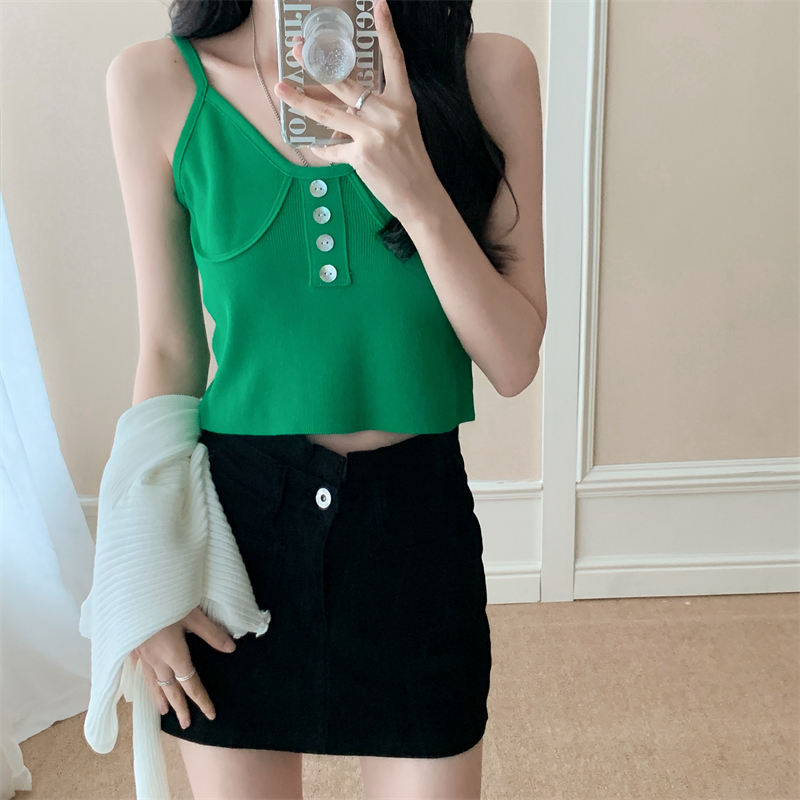 Knitted V-neck tops buckle sling vest