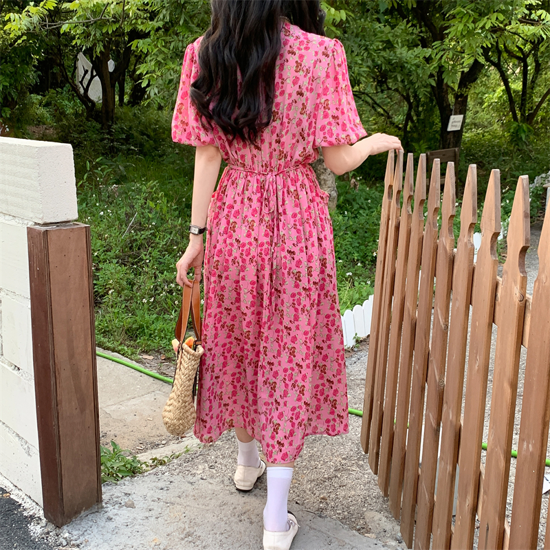 Floral was white slim France style long summer dress