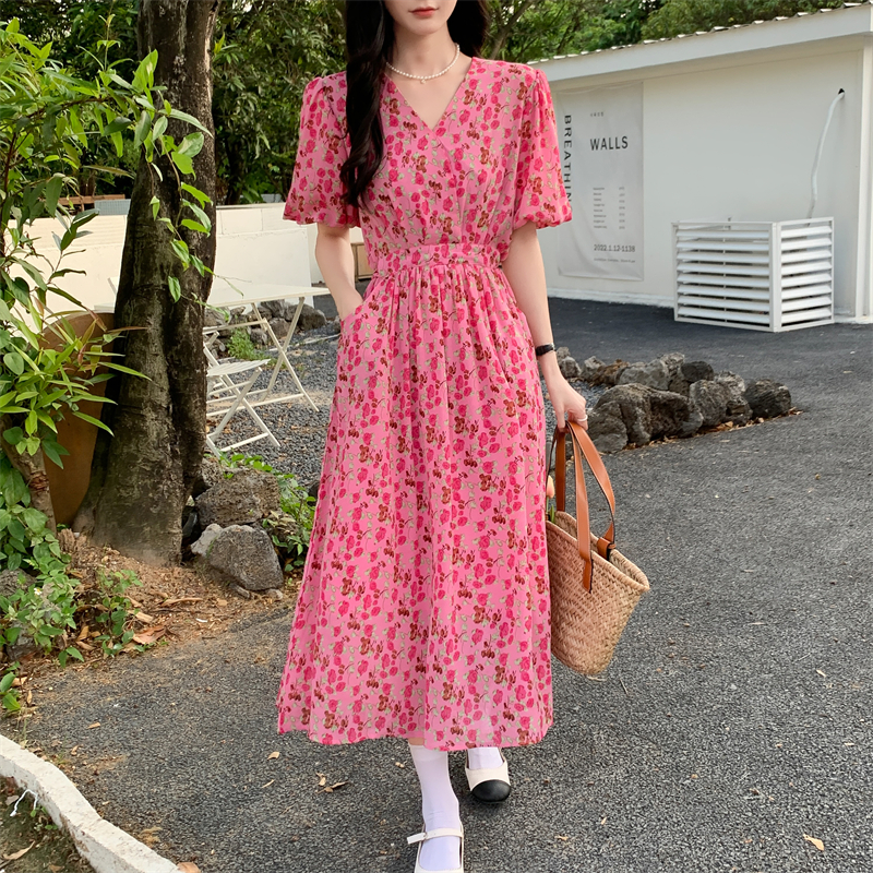 Floral was white slim France style long summer dress