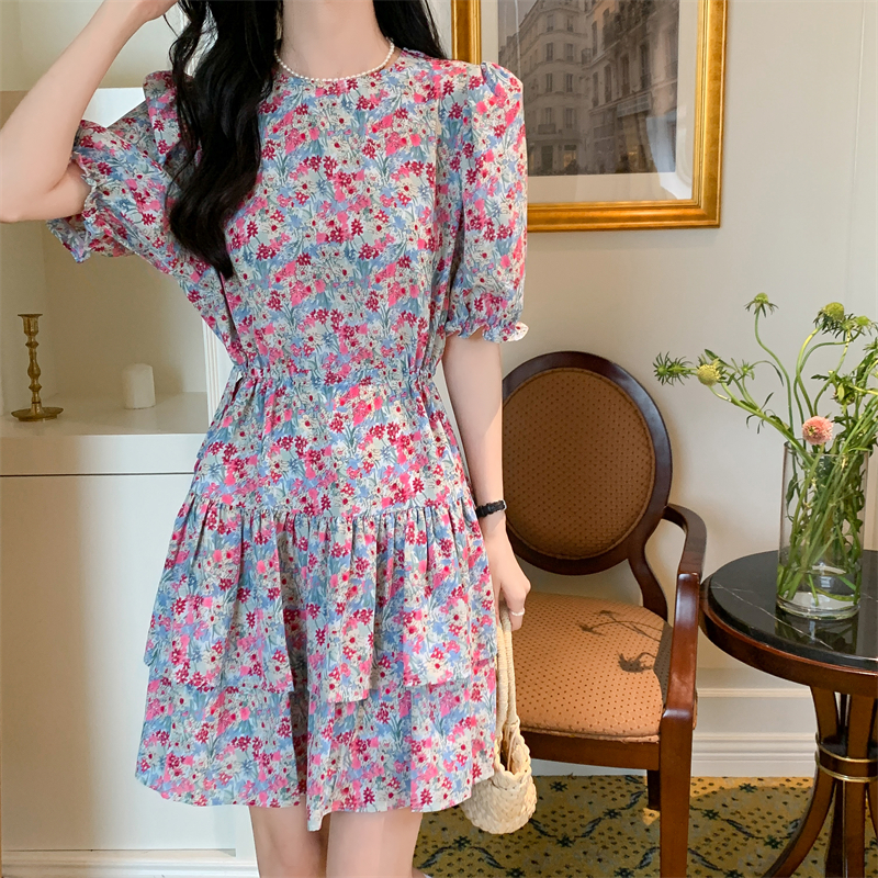 High waist chiffon cake floral dress