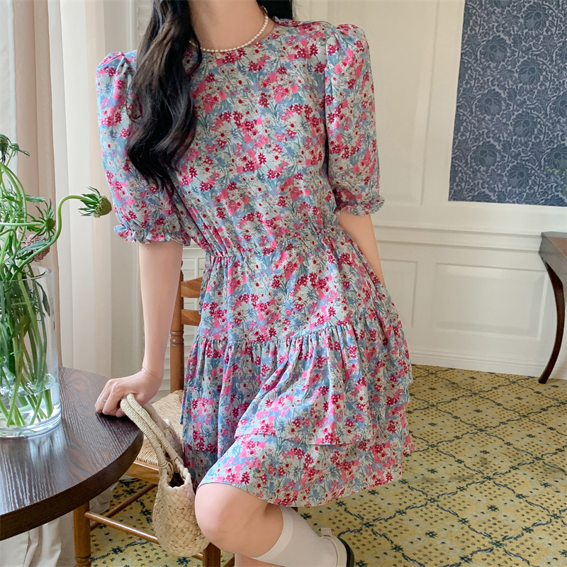 High waist chiffon cake floral dress