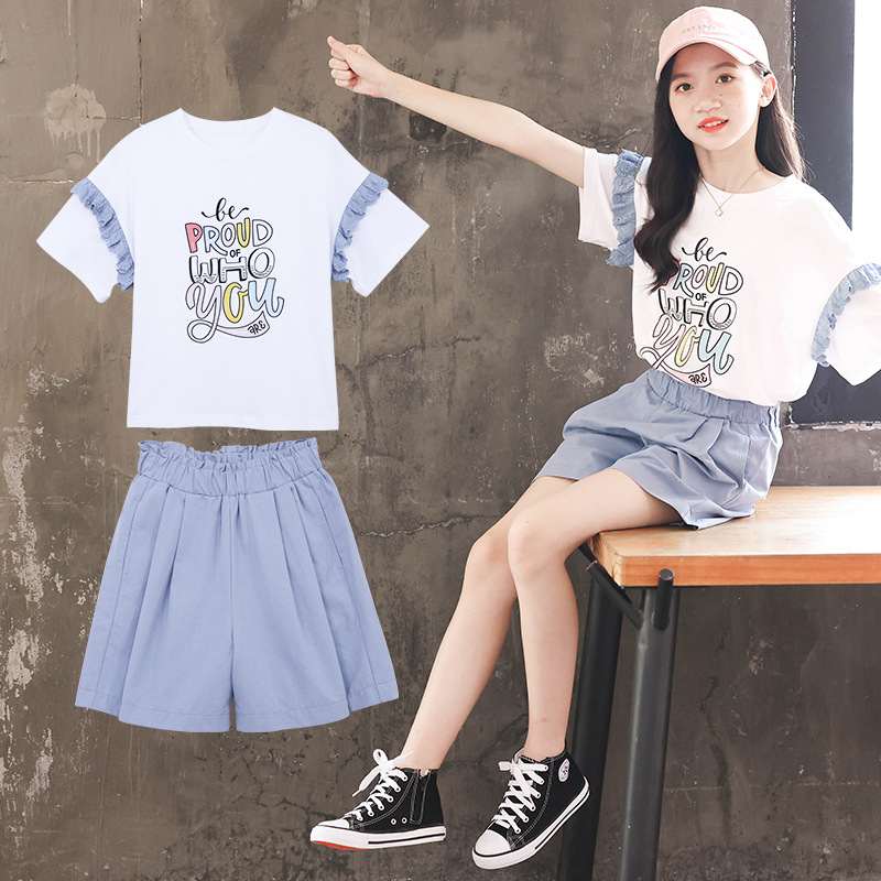 Short sleeve girl summer big child T-shirt 2pcs set for women