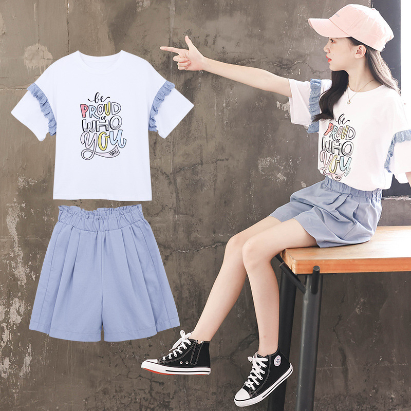 Short sleeve girl summer big child T-shirt 2pcs set for women