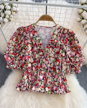 Fold short tops short sleeve floral chiffon shirt for women