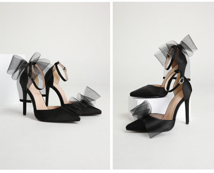 Fine-root sweet pointed high-heeled shoes black gauze shoes