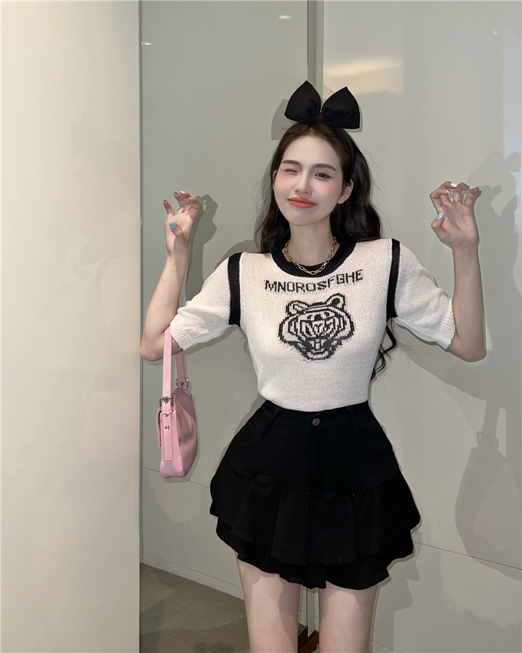 Slim denim short sleeve high waist knitted puff skirt