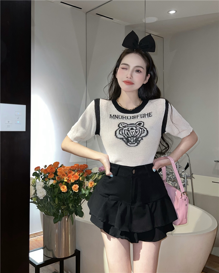 Slim denim short sleeve high waist knitted puff skirt