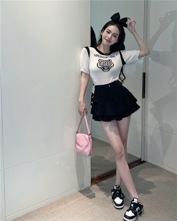 Slim denim short sleeve high waist knitted puff skirt