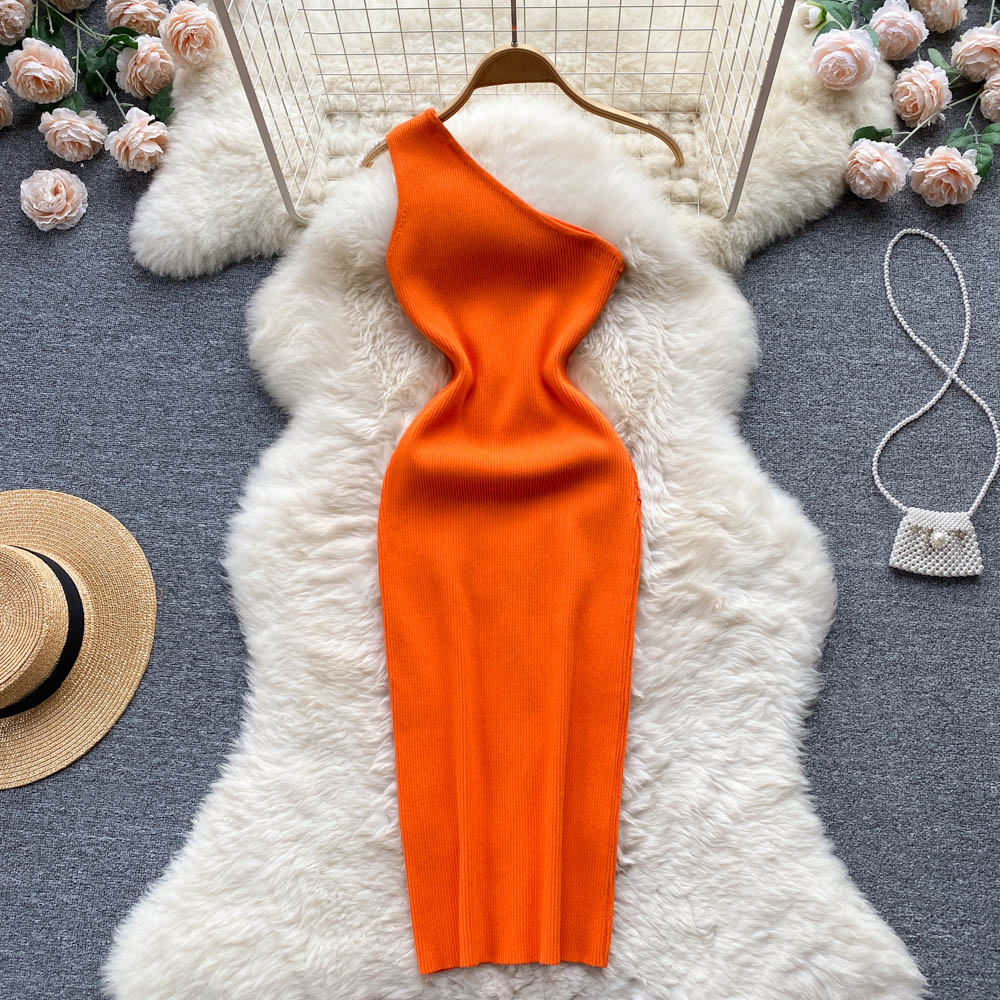 Summer package hip knitted sloping shoulder sweet dress