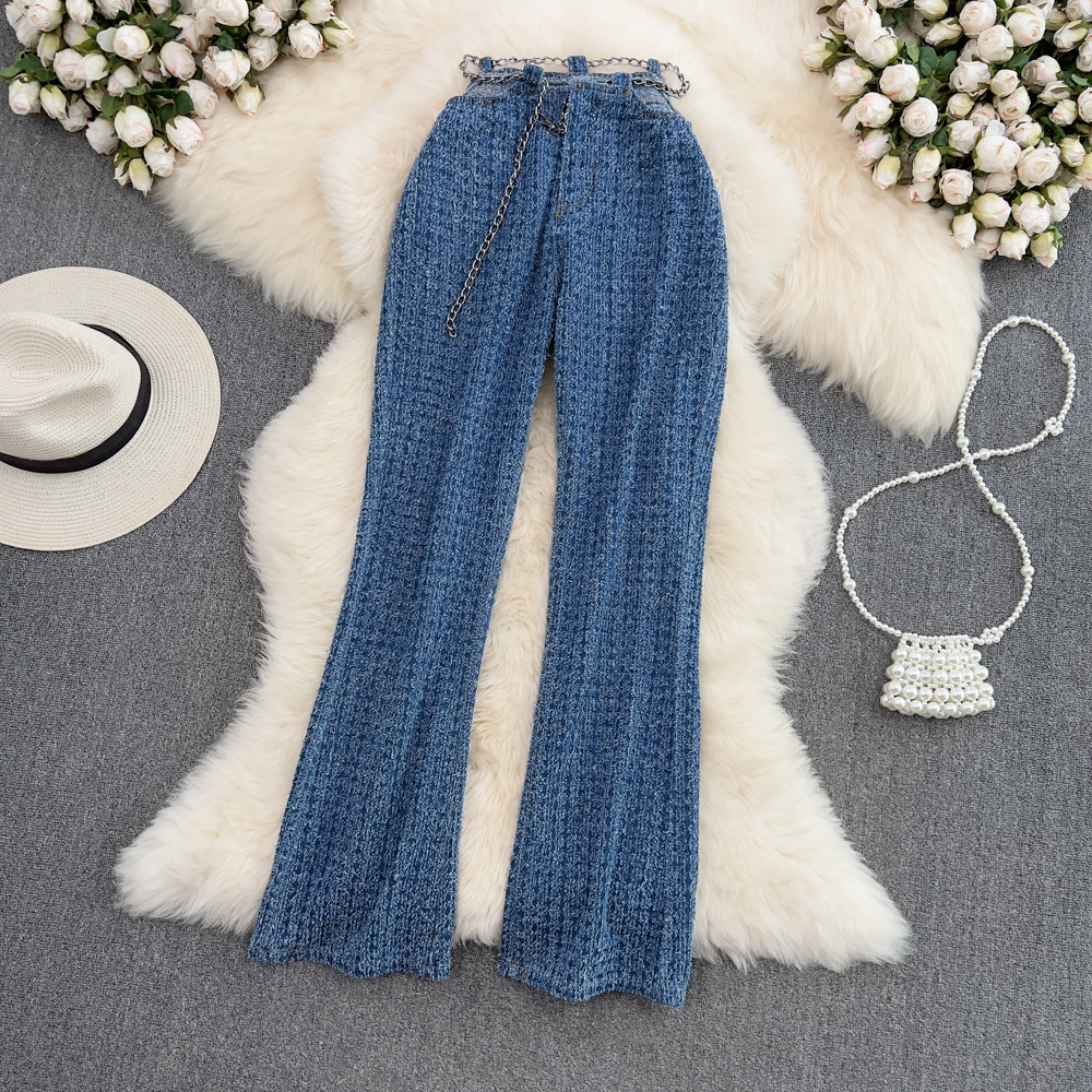 Chain hollow wide leg pants mopping jeans for women