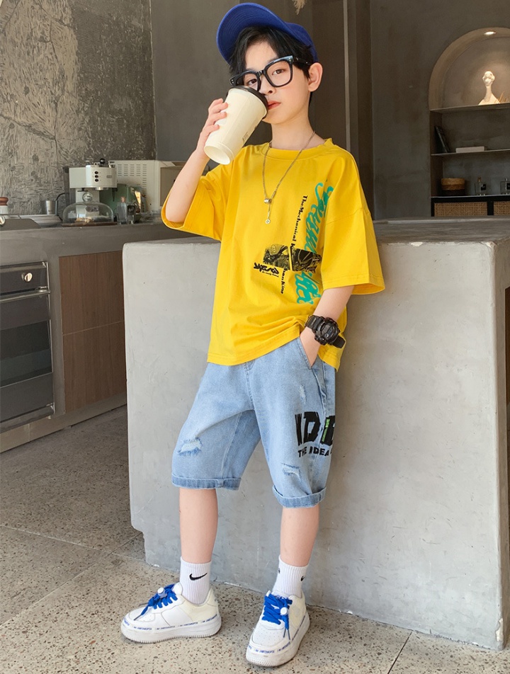 Western style Korean style boy short sleeve jeans a set