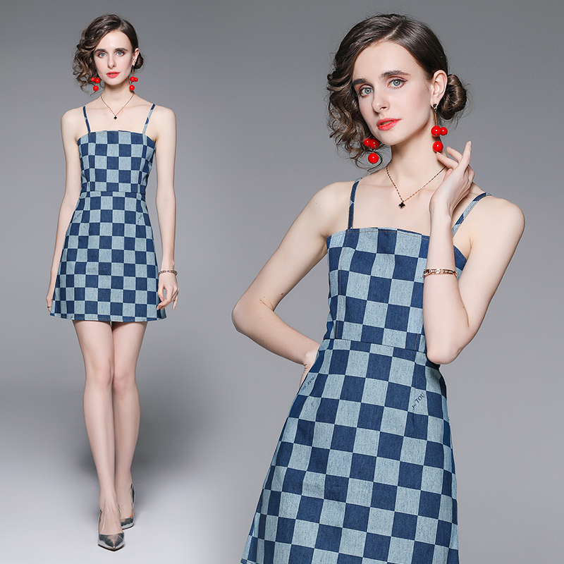 Fashion chessboard denim summer dress for women