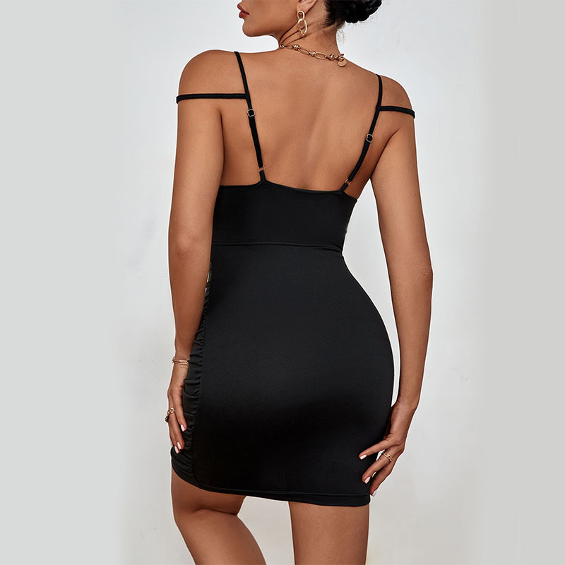 Black temperament fold strap dress package hip sexy pure dress