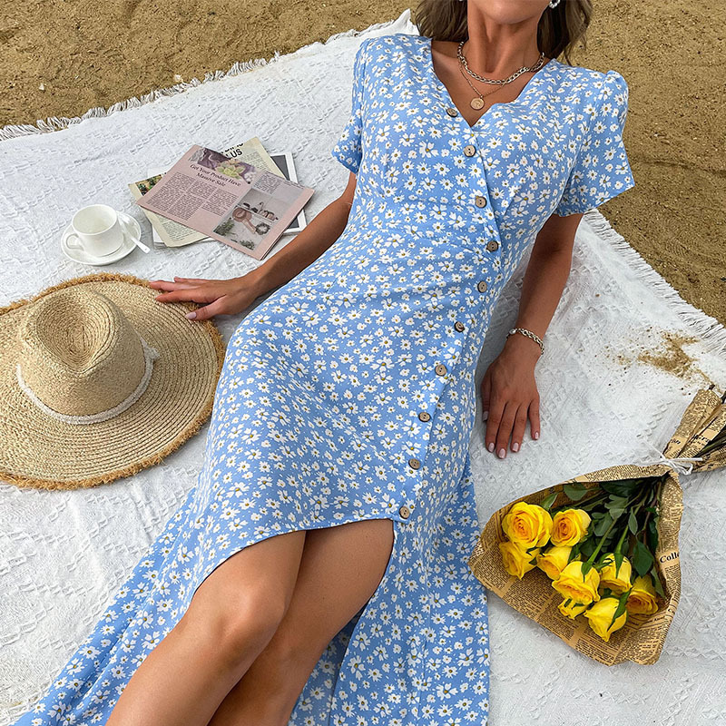 Vacation blue slim temperament dress for women