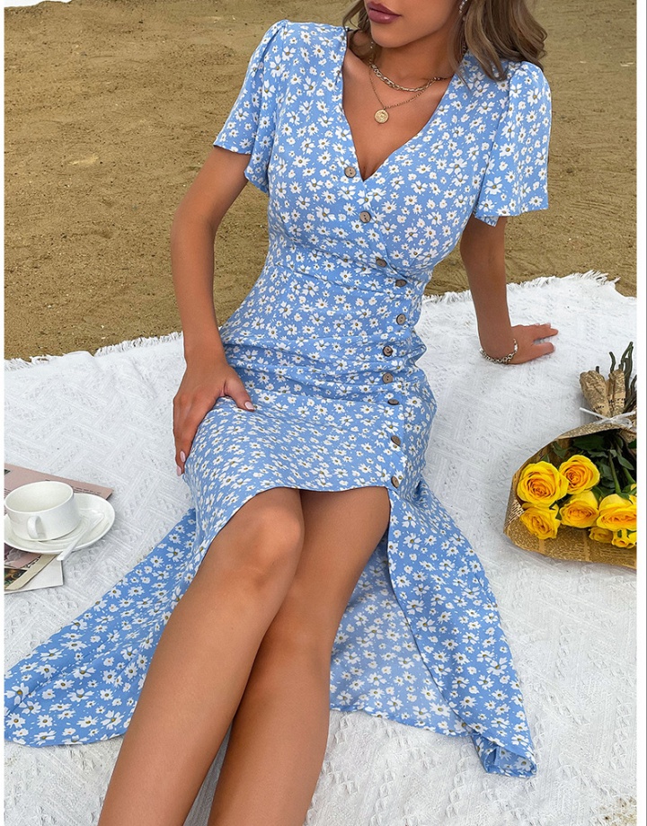 Vacation blue slim temperament dress for women