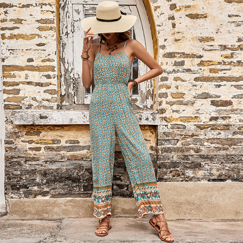 European style summer long pants sling jumpsuit