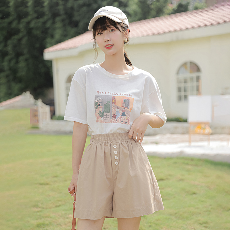 Breasted lovely tops elastic waist shorts 2pcs set