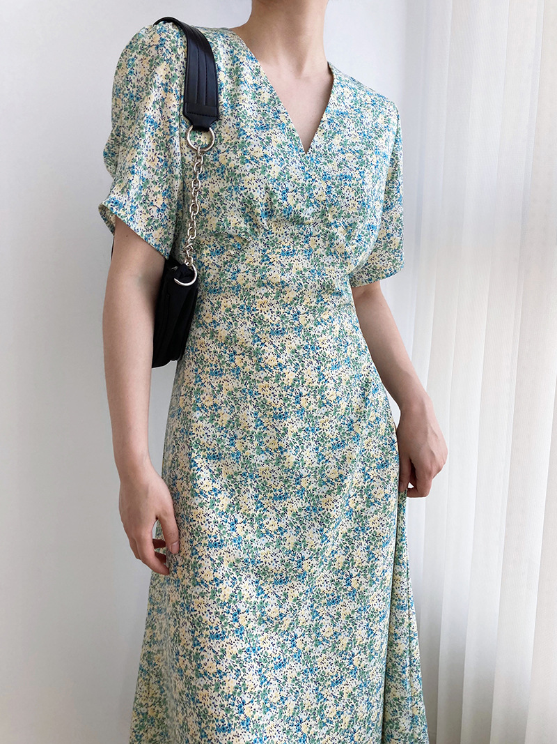 Floral summer retro V-neck pinched waist painting dress