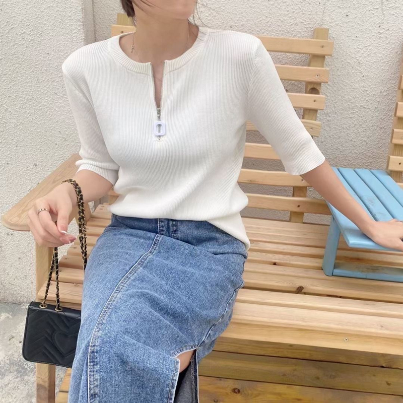 Korean style slim tops stripe zip sweater for women