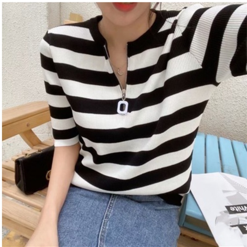 Korean style slim tops stripe zip sweater for women
