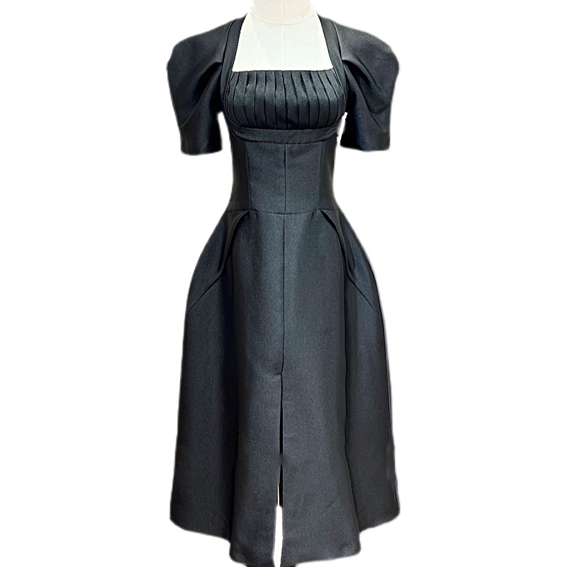 Black square collar split puff sleeve formal dress
