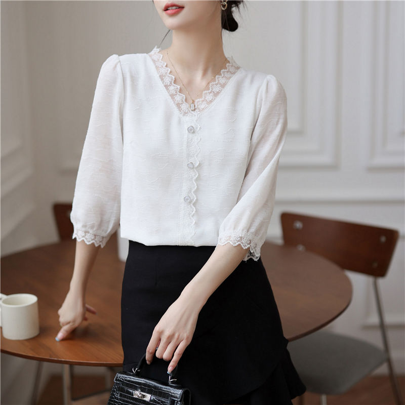 V-neck loose tops Cover belly spring chiffon shirt