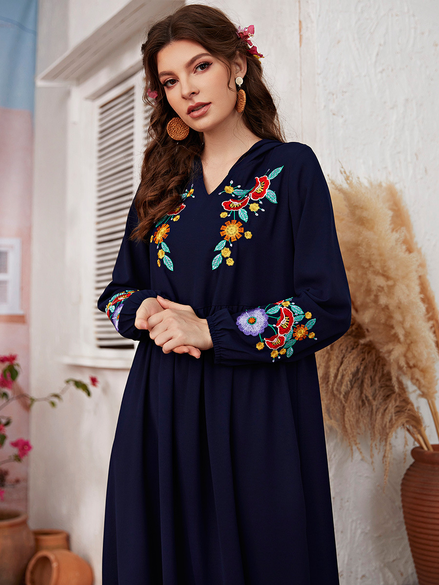 Long sleeve hooded robe blue embroidery long dress