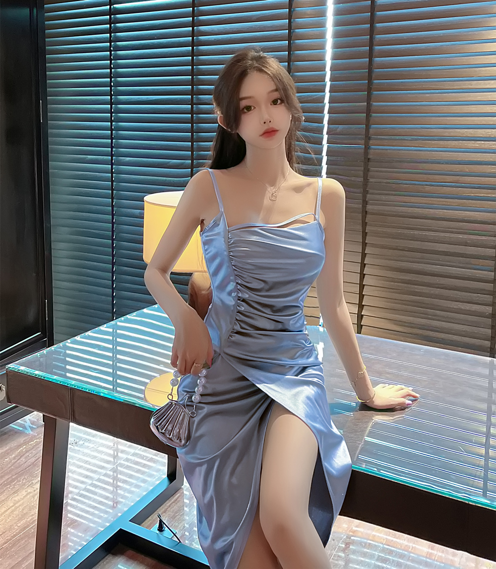 Silky fold satin sling high split sexy dress