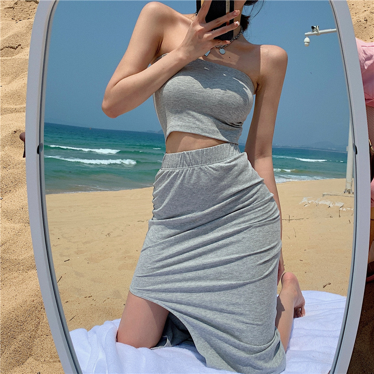 Vacation wrapped chest irregular split fashion skirt 2pcs set