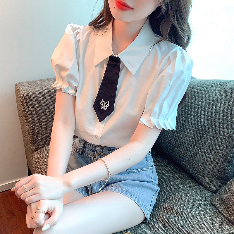 White embroidery summer puff sleeve slim shirt for women